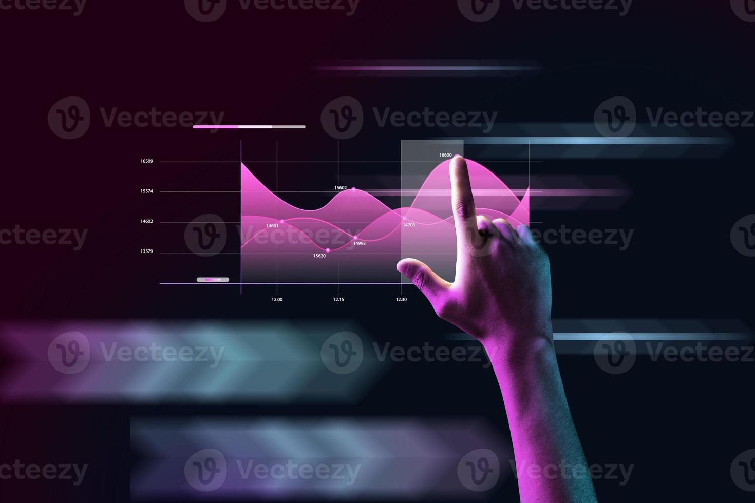 Businessman hand pointing finger to growth success finance business chart of metaverse technology financial graph investment photo