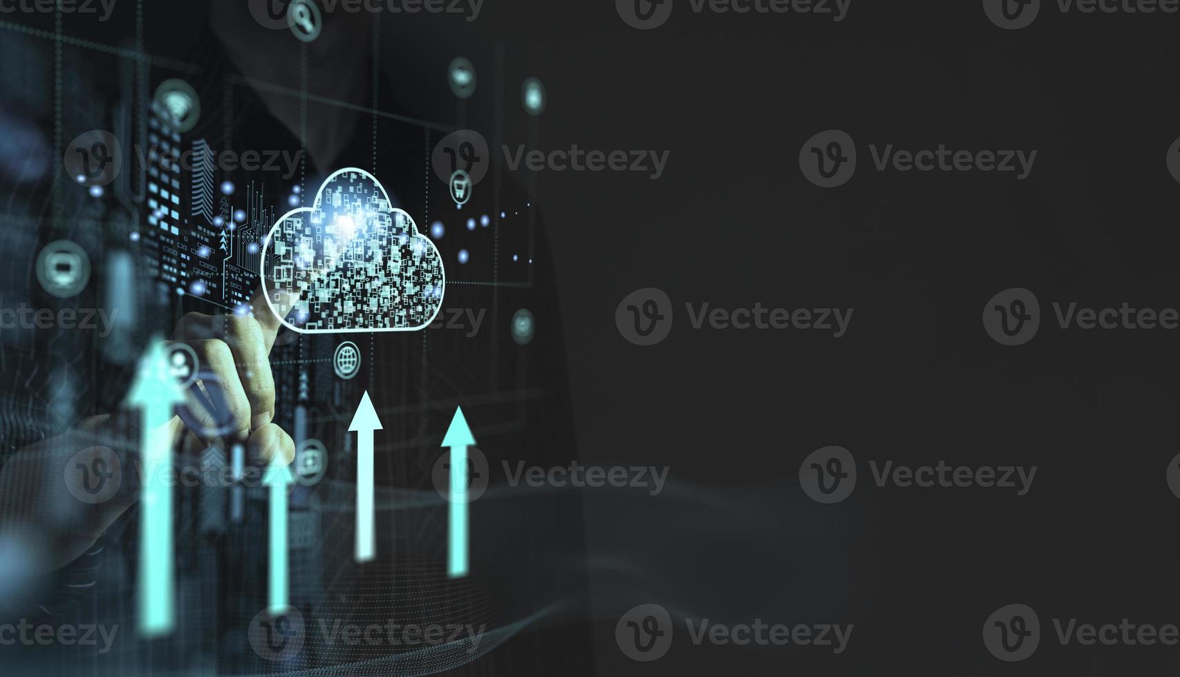 Hand touching cloud system technology with data protection dark background photo