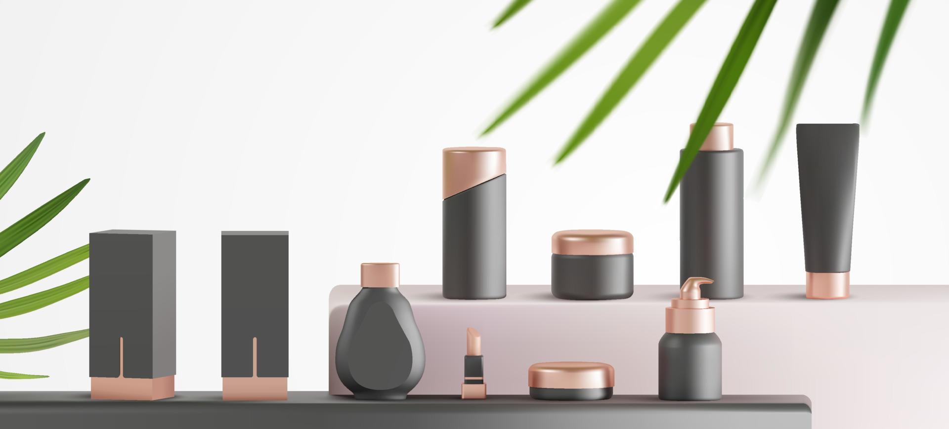 Set of realistic luxury cosmetic products mockup. beauty product container collection with natural tropical podium scene presentation vector