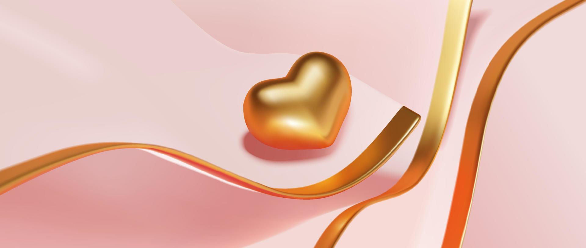 fondo de ilustración de lujo del día de san valentín, vector de renderizado abstracto ondulado realista 3d rosa y dorado