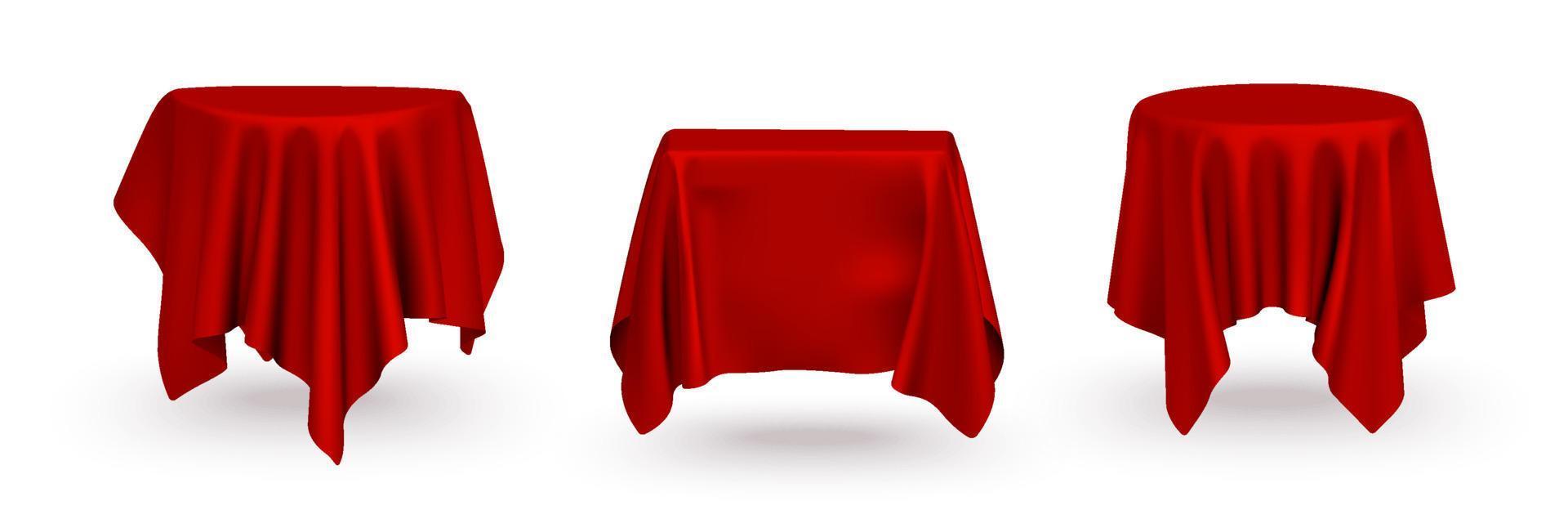 Set of empty realistic red silk cloth table, stage, podium drape vector template for product display presentation