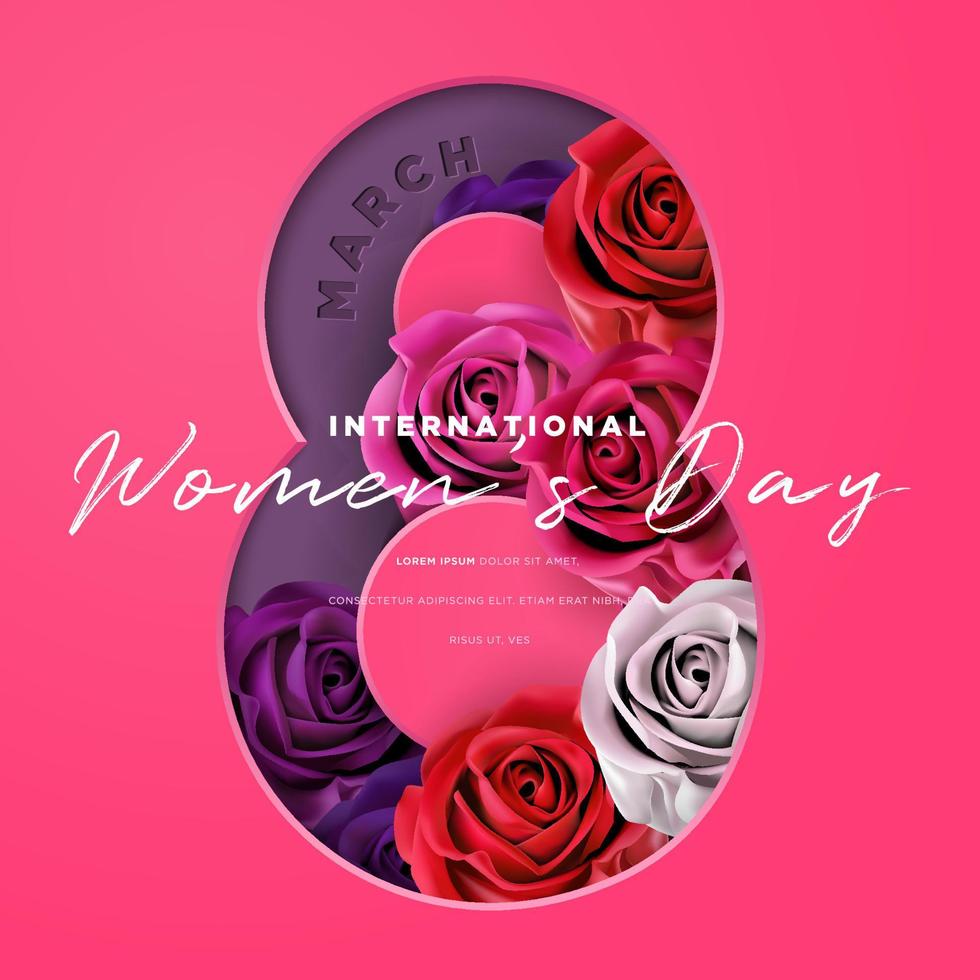 Beautiful 8 march international women's day floral rose flower bouquet 3d vector illustration