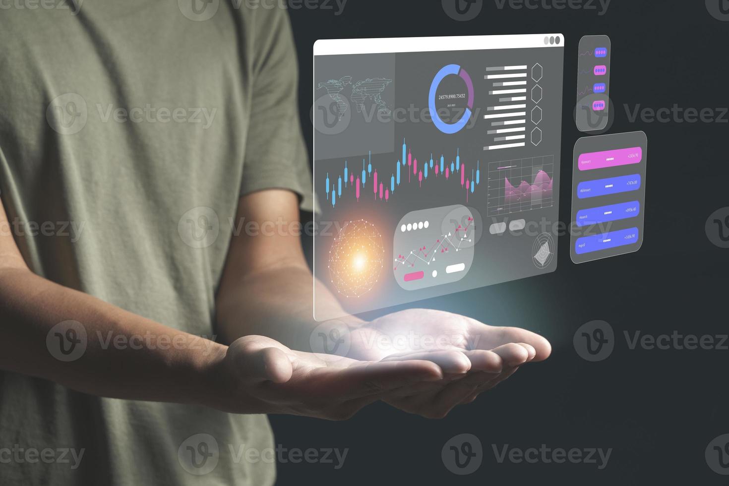 finance analyst working on digital tablet, business data and economic, economic growth, financial graph chart, stock market report photo