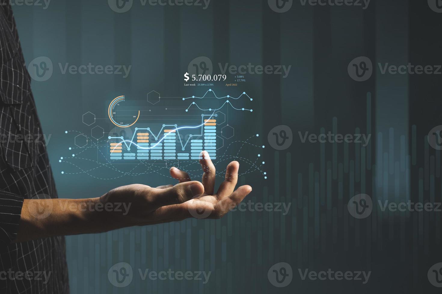 Business intelligence analyst dashboard on virtual screen. Big data Graphs Charts. photo