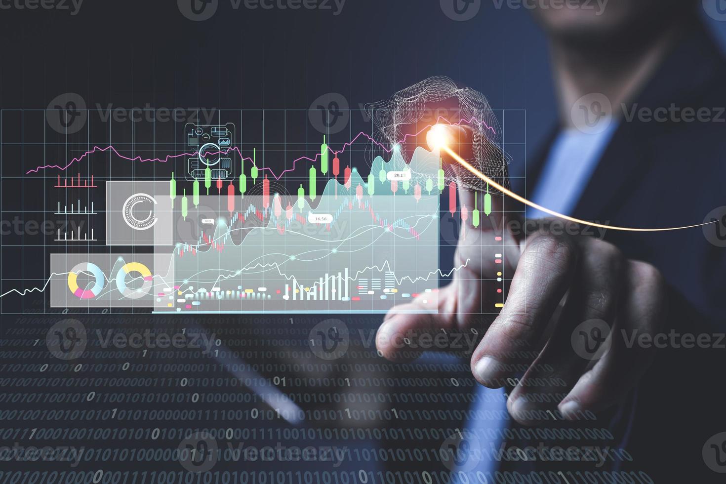 Businessman or trader is showing a growing virtual hologram stock, invest photo