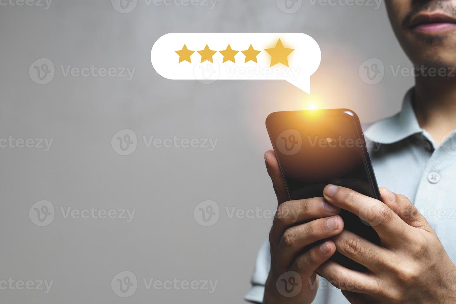 Customer with smartphone show 5 stars virtual screening monitor satisfaction photo