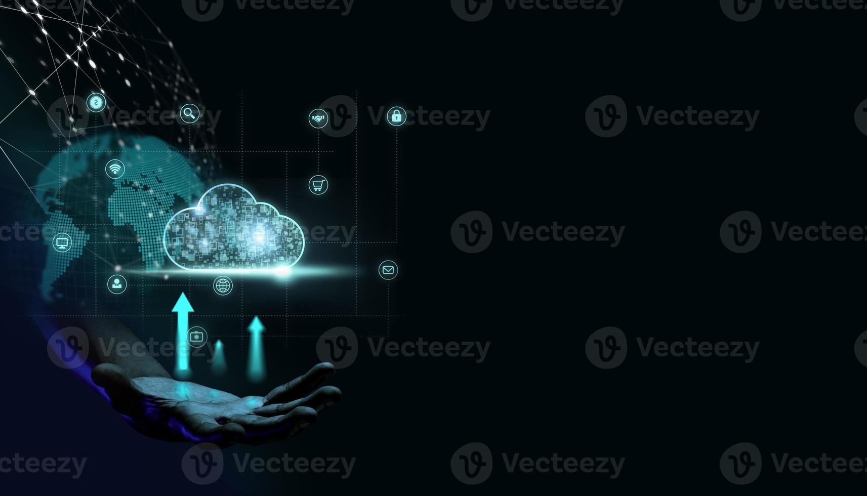 Hand holding cloud system technology with data protection dark background photo