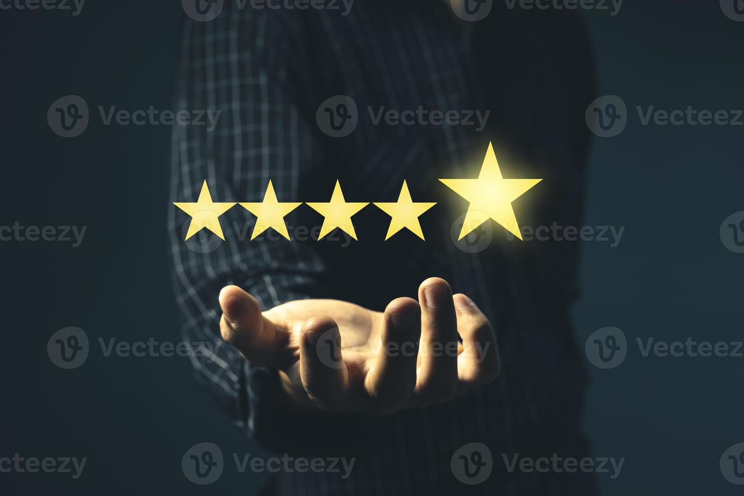 Rise on increasing five stars in human hand, Increase rating evaluation classification photo