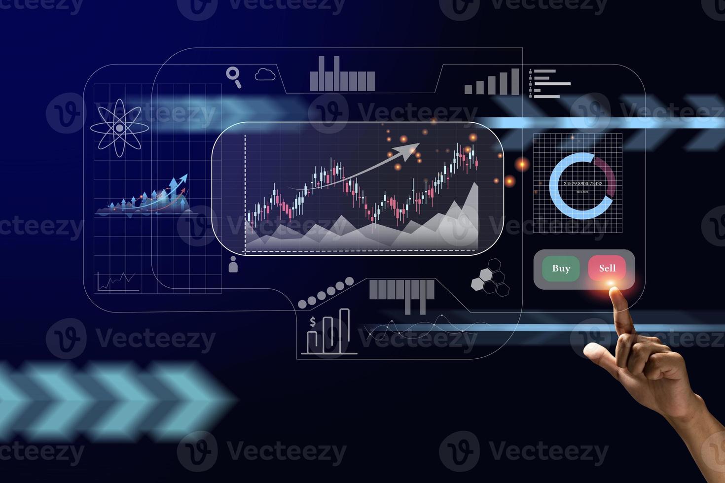 Businessman hand pointing finger to growth success finance business chart of metaverse technology financial graph investment photo