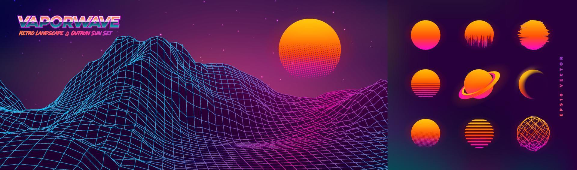 Futuristic neon retrowave background. Retro low poly grid wireframe landscape mountain terrain with set of glowing outrun sun vector illustration template