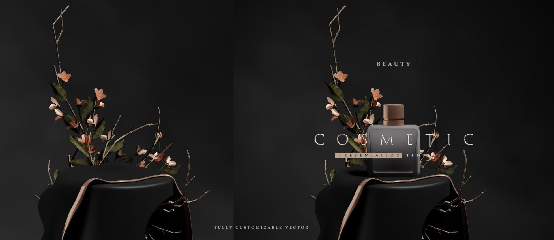 Dark elegant podium scene for product presentation with realistic decorative flowers and branches still life style. professional product display placement template vector