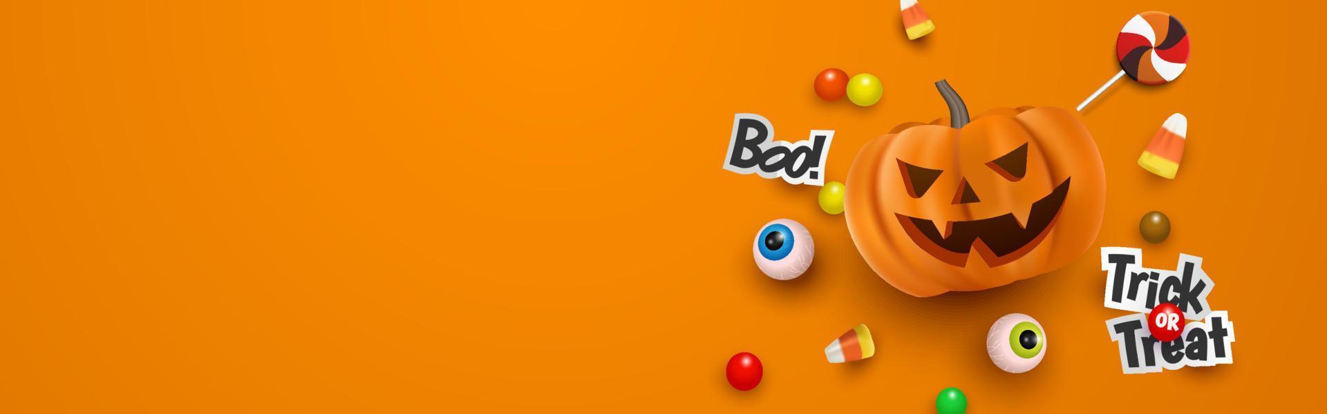 Cute 3d halloween trick or treat pumpkin and candy top view illustration banner template with copy space vector