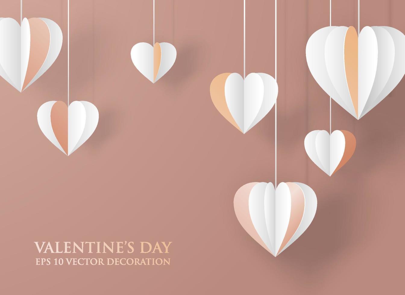 Elegant golden valentine's day background with hanging paper craft hearts decoration vector illustration template
