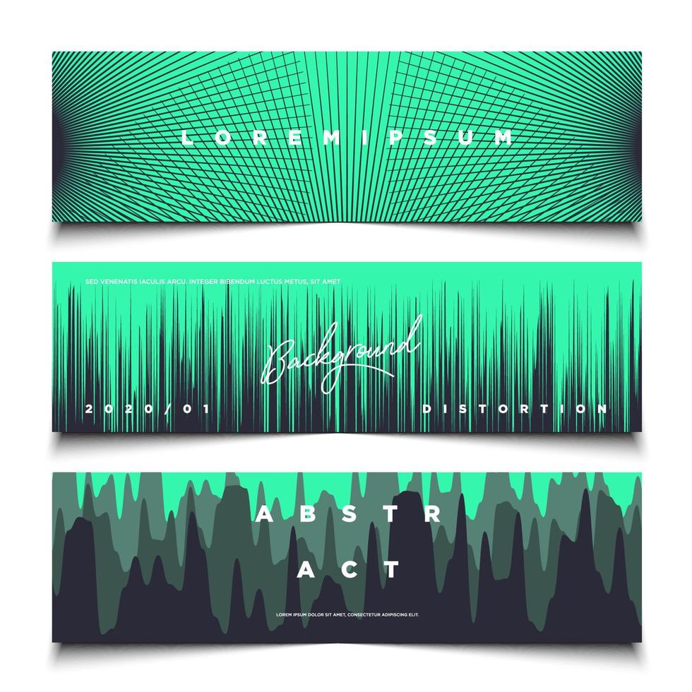 Set of green duotone abstract panoramic background, glitch, valley and stripes trendy cover banner template vector