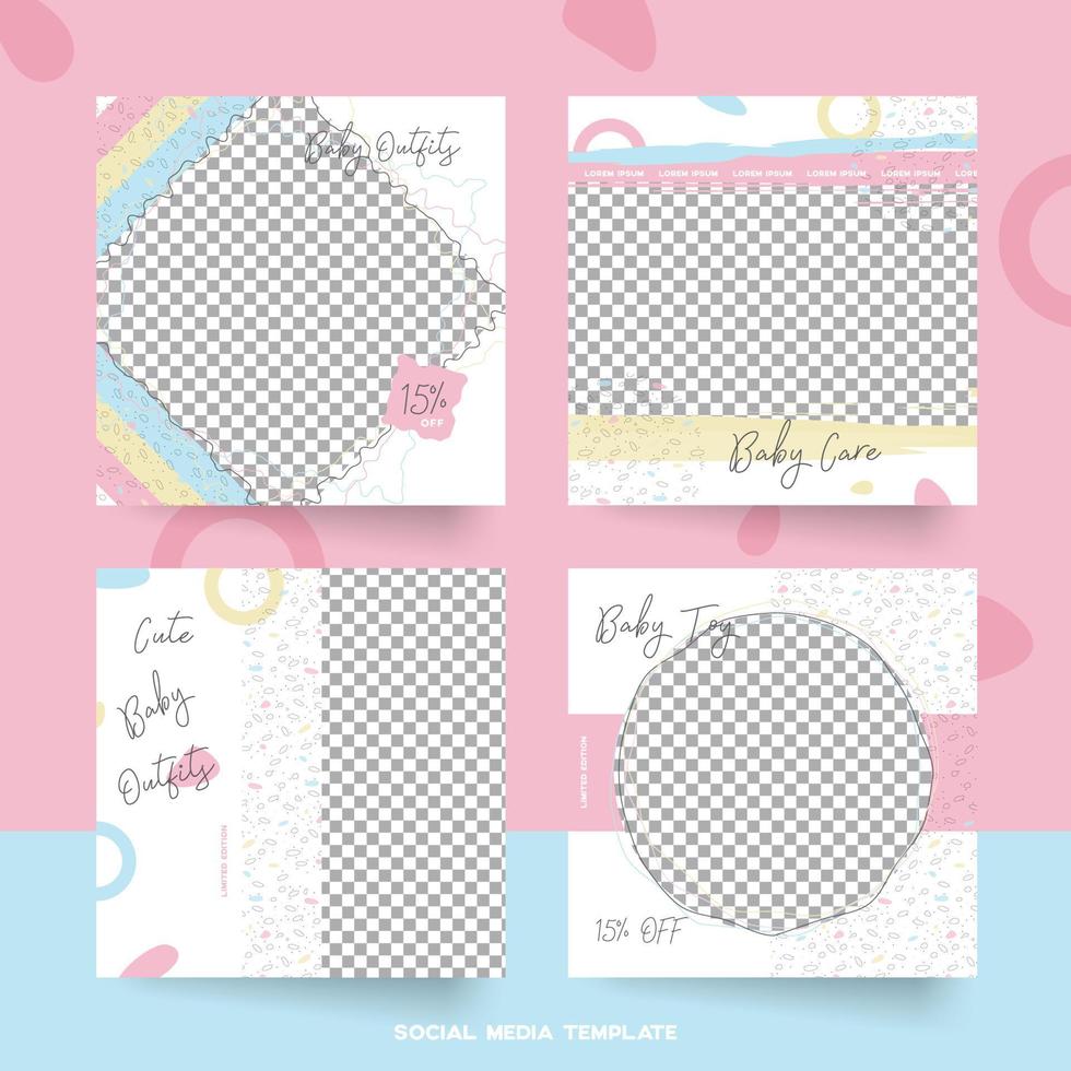 Set of cute colorful pastel baby social media post template vector