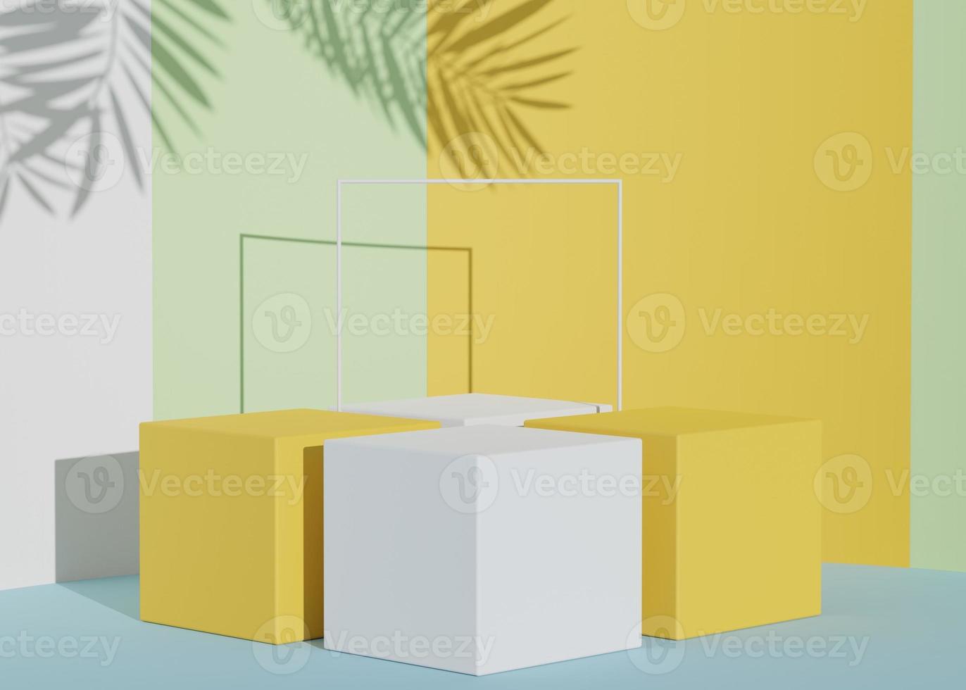3D Abstract background of empty podium display for products and cosmetic presentation and mock up. Classy modern pedestal or showcase with shadow of palm leaves. Colorful scene. Summer time. photo