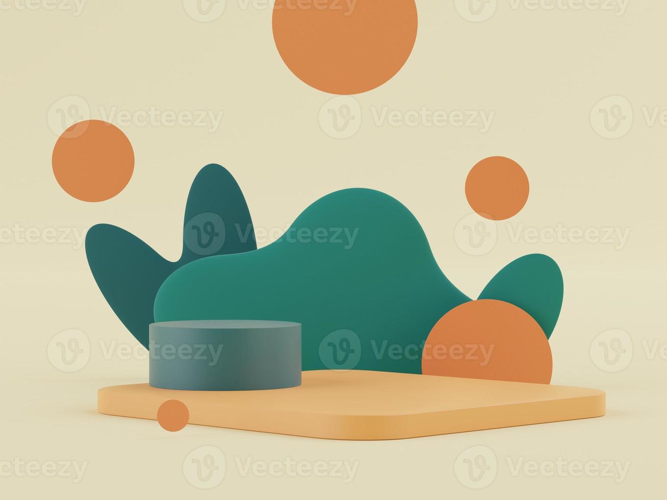 3D Podium stand with pastel color arches scene. Minimalist geometric vacant platform for mock up and presentation. Abstract background for commercial and cosmetic advertising. photo