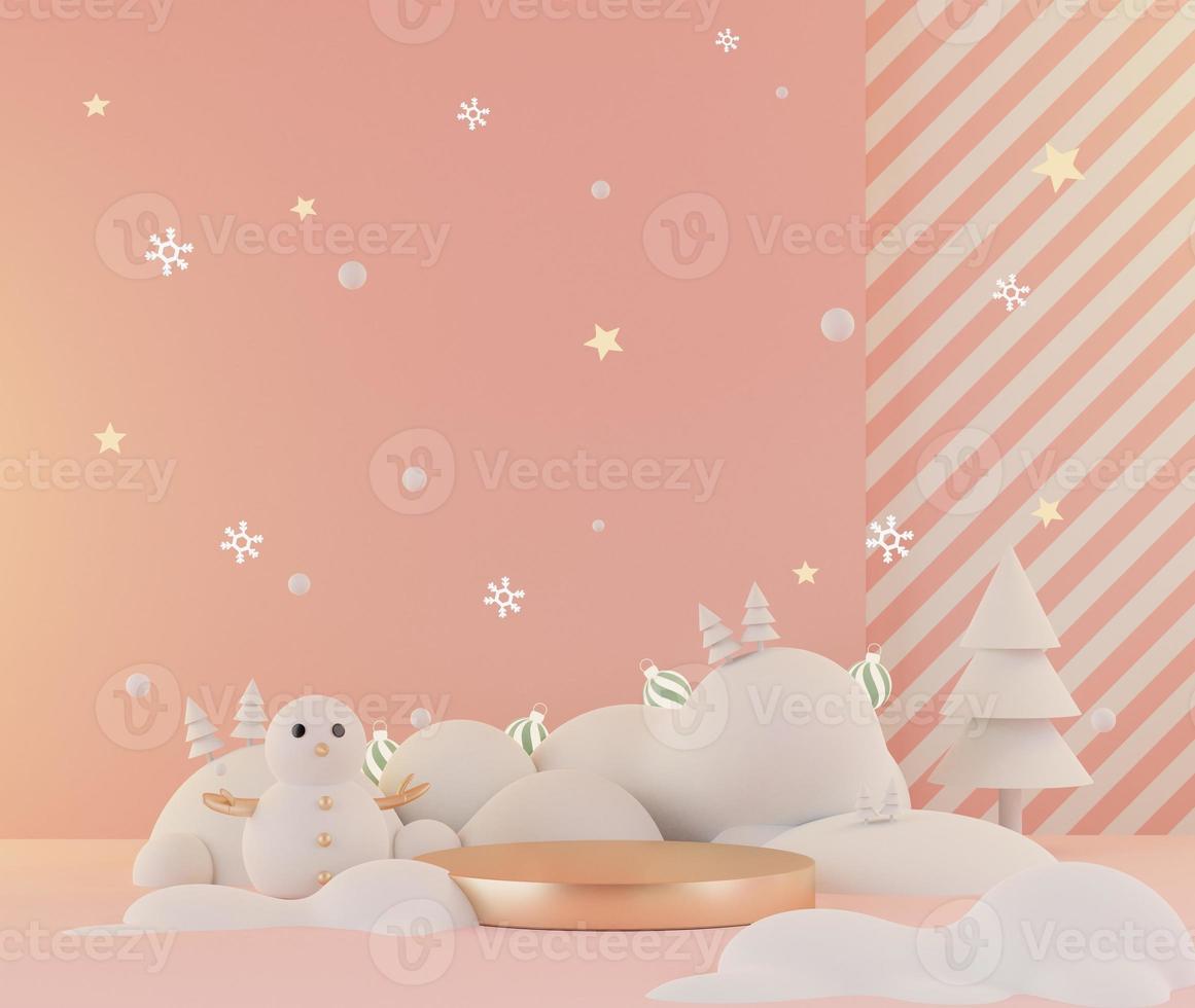 3d rendering scene of Christmas holiday concept decorate with tree and displays podium or pedestal for mock up and products presentation. photo