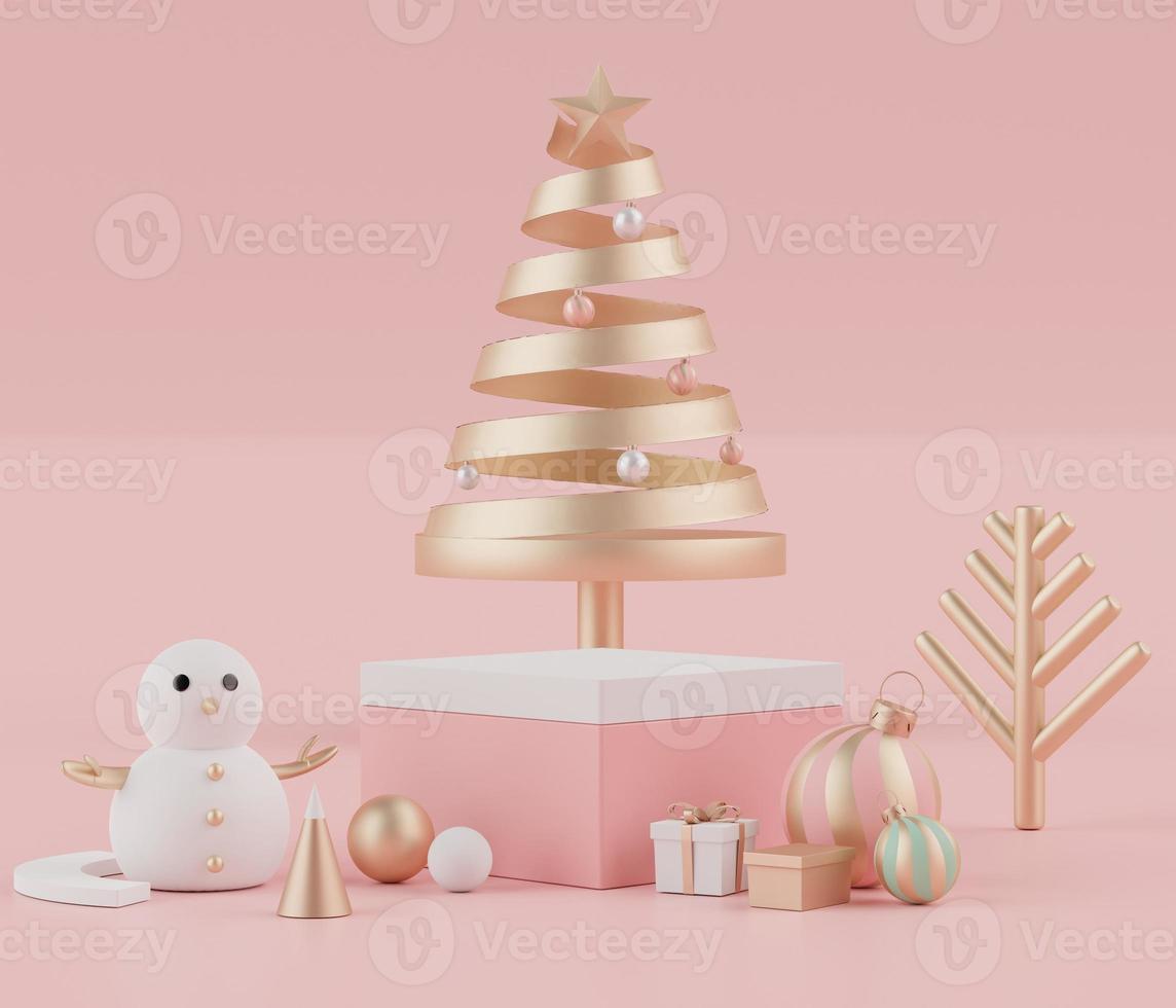 3d rendering scene of Christmas holiday concept decorate with tree and displays podium or pedestal for mock up and products presentation. photo