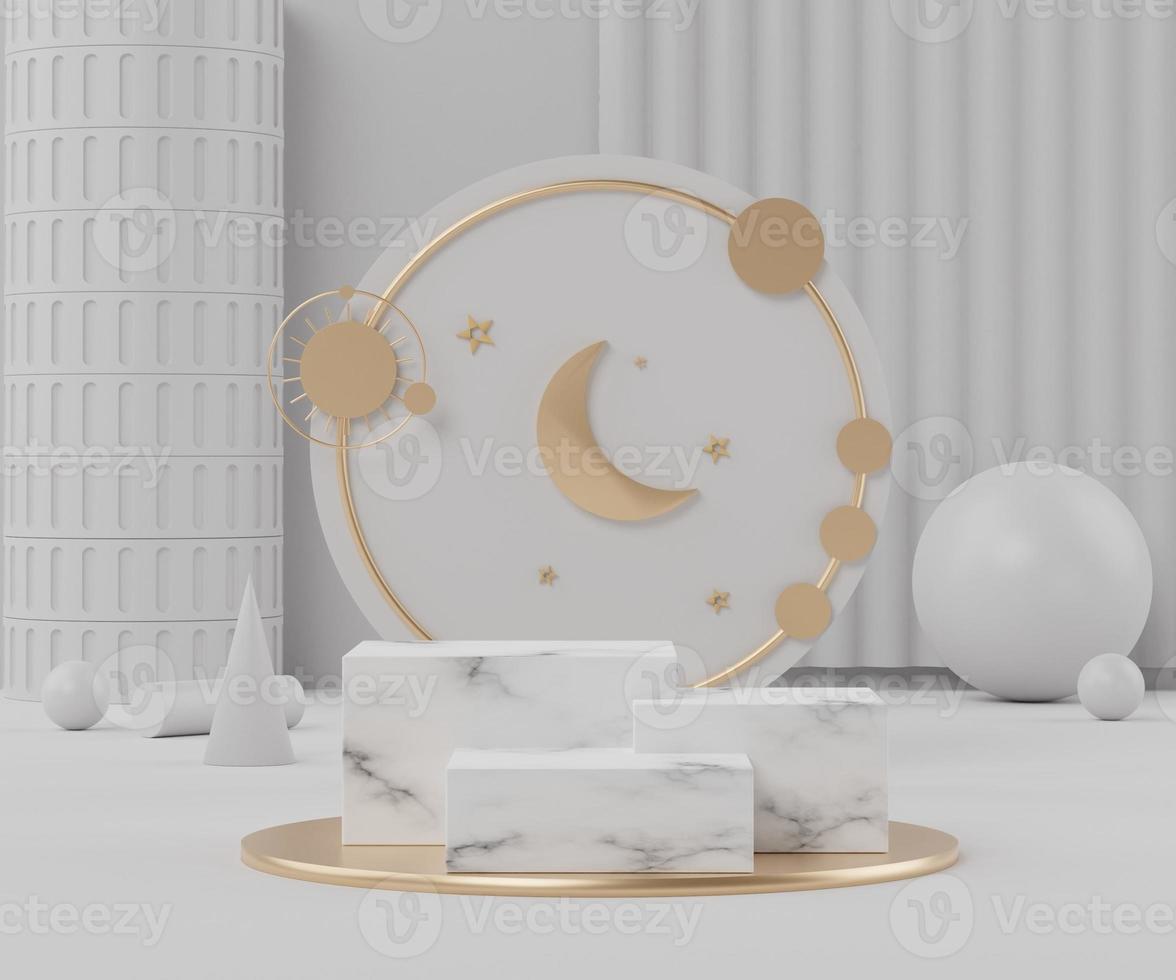 3d rendering of White gold podium with geometric shapes. Fashion show stage,pedestal, shopfront with clean theme. Minimal scene for  product display. photo