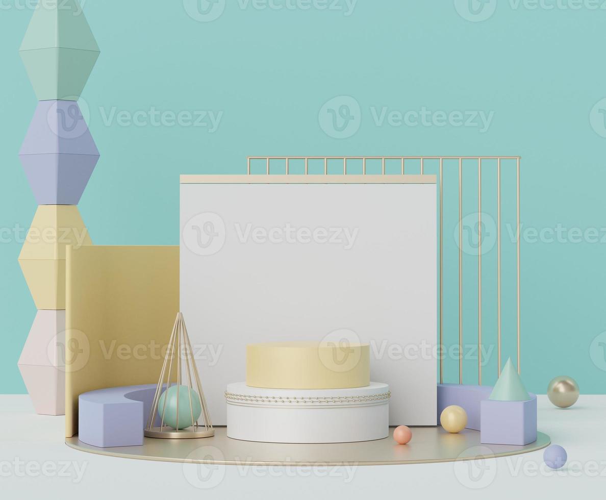 3D Abstract background of empty podium display for products and cosmetic presentation and mock up. Pastel pedestal or showcase with minimal geometry shapes. Colorful scene. photo