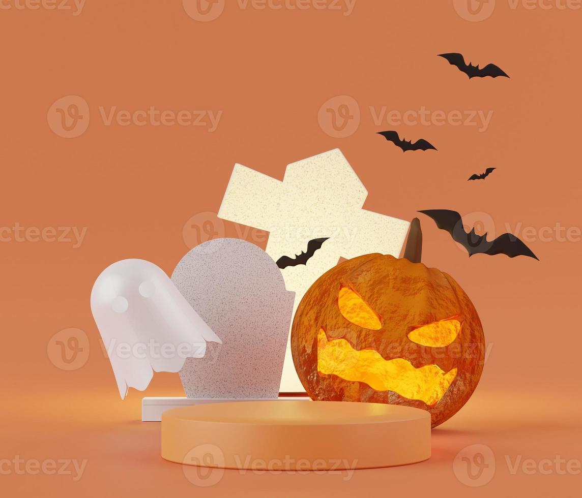 3D Abstract Halloween theme background of empty podium display for products presentation and mock up. Pumpkins Jack O'lantern with ghosts and flying bats in the dark background. photo