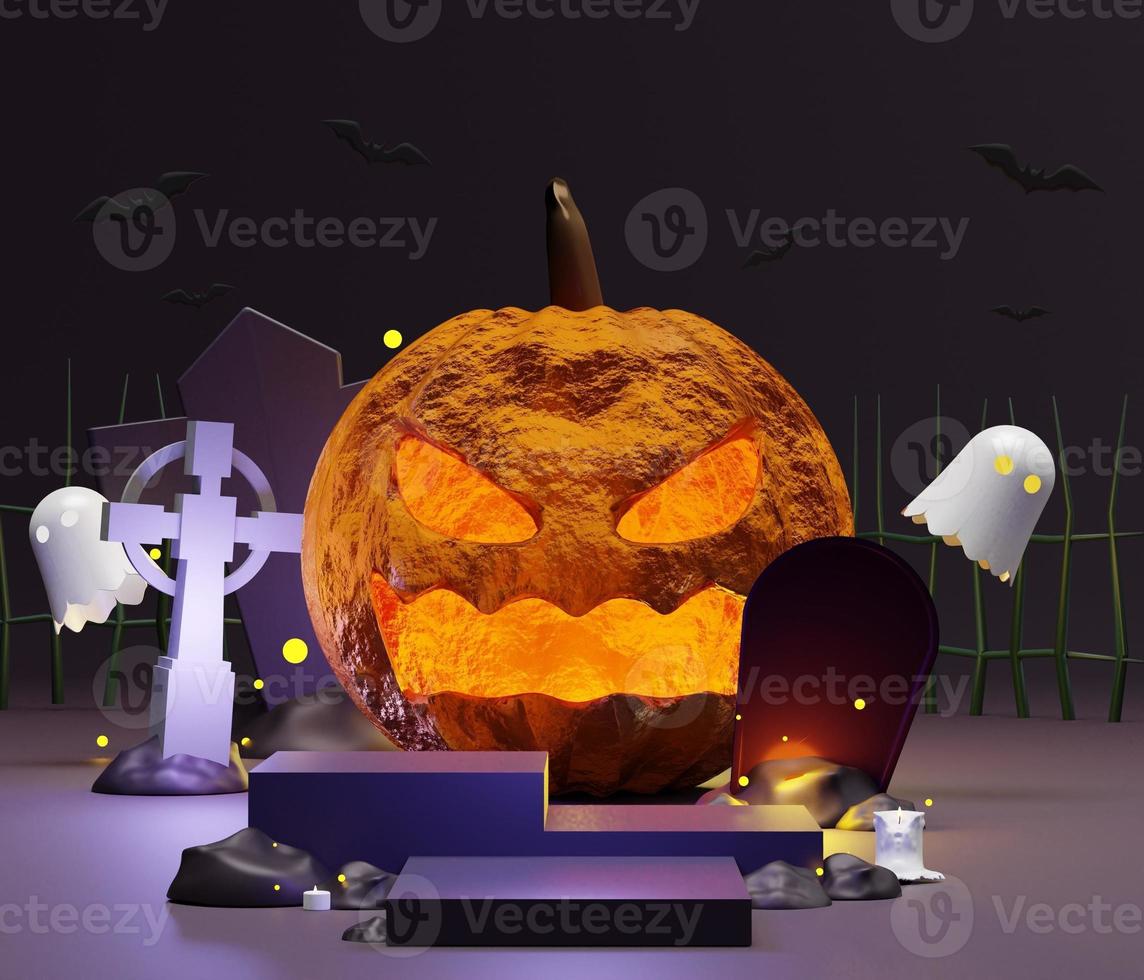 3D Abstract Halloween theme background of empty podium display for products presentation and mock up. Pumpkins Jack O'lantern with ghosts and flying bats in the dark background. photo