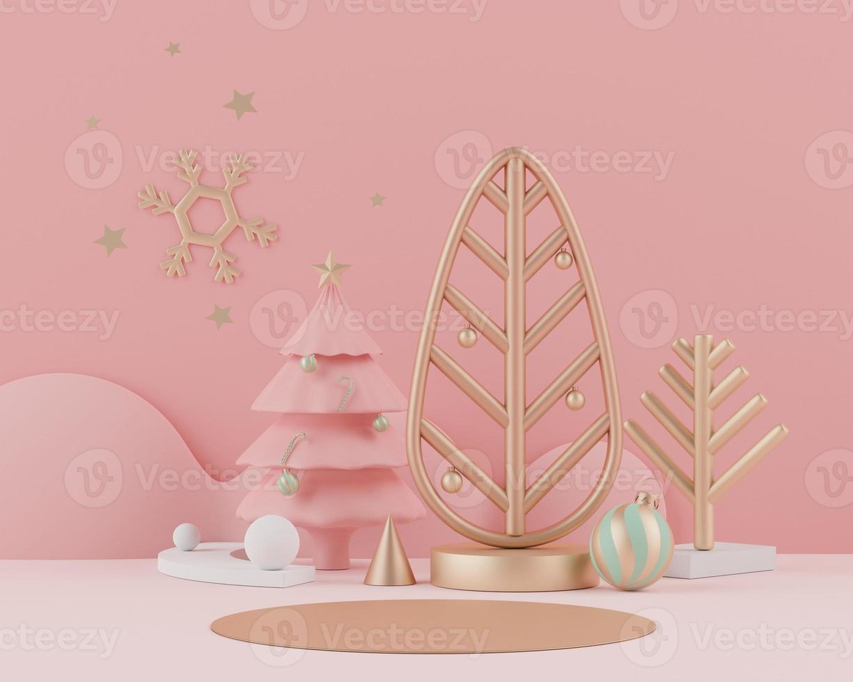 3d rendering scene of Christmas holiday concept decorate with tree and displays podium or pedestal for mock up and products presentation. photo