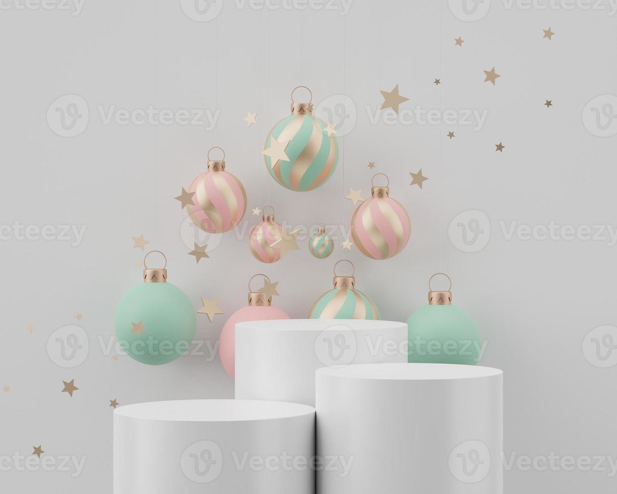 3d rendering scene of Christmas holiday concept decorate with tree and displays podium or pedestal for mock up and products presentation. photo
