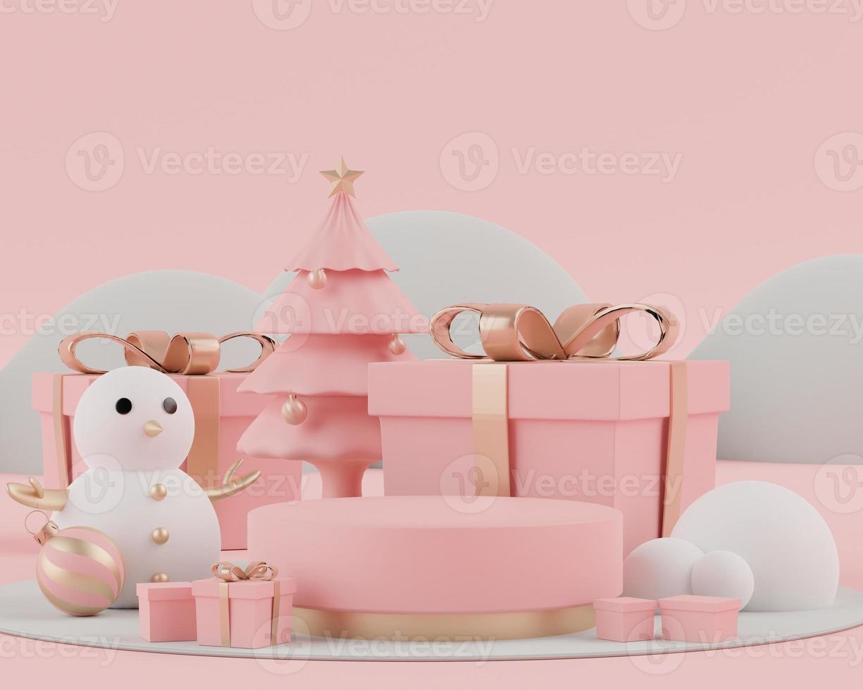 3d rendering scene of Christmas holiday concept decorate with tree and displays podium or pedestal for mock up and products presentation. photo