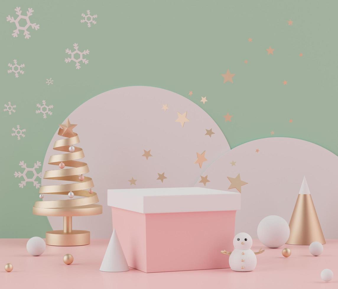 3d rendering scene of Christmas holiday concept decorate with tree and displays podium or pedestal for mock up and products presentation. photo