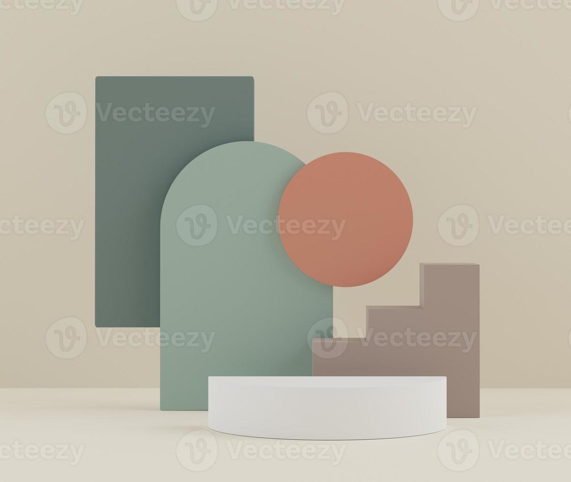 3d rendering of Earth tones minimal displays podium or pedestal for mock up and products presentation with abstract simple geometric shapes background. photo
