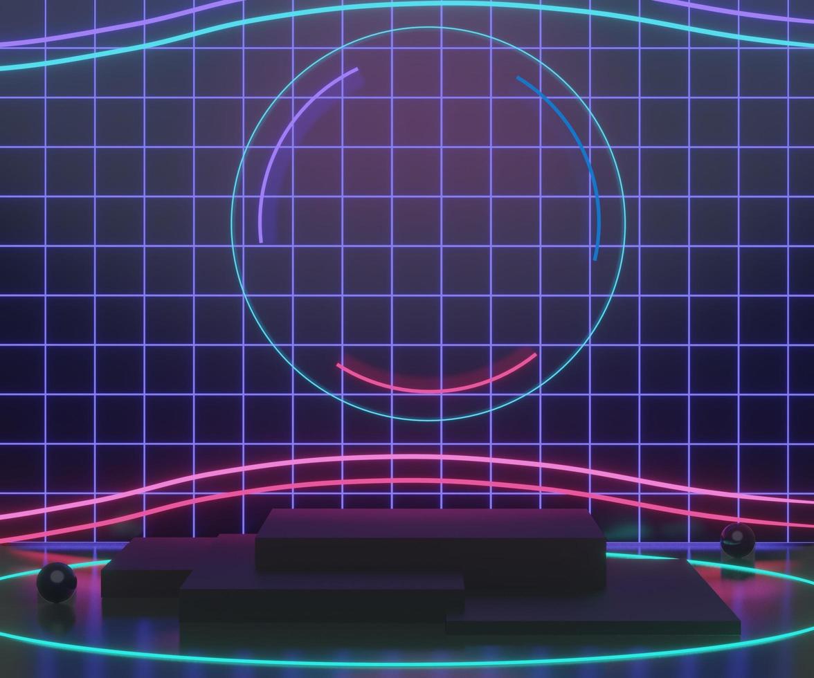 3d geometric forms. Black box podium with neon light and blue wall in dark theme. Empty platforms, stage,pedestal, and shopfront for mock up. photo