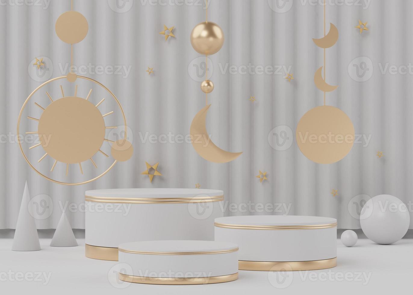 3d rendering of White gold podium with geometric shapes. Fashion show stage,pedestal, shopfront with clean theme. Minimal scene for  product display. photo