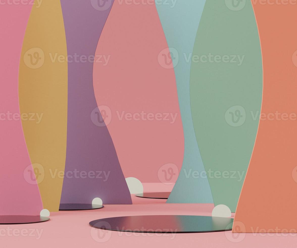 3D Abstract background of empty podium display for products and cosmetic presentation and mock up. Black mirrors pedestal with bright wall and minimal geometry shapes. Colorful scene. photo