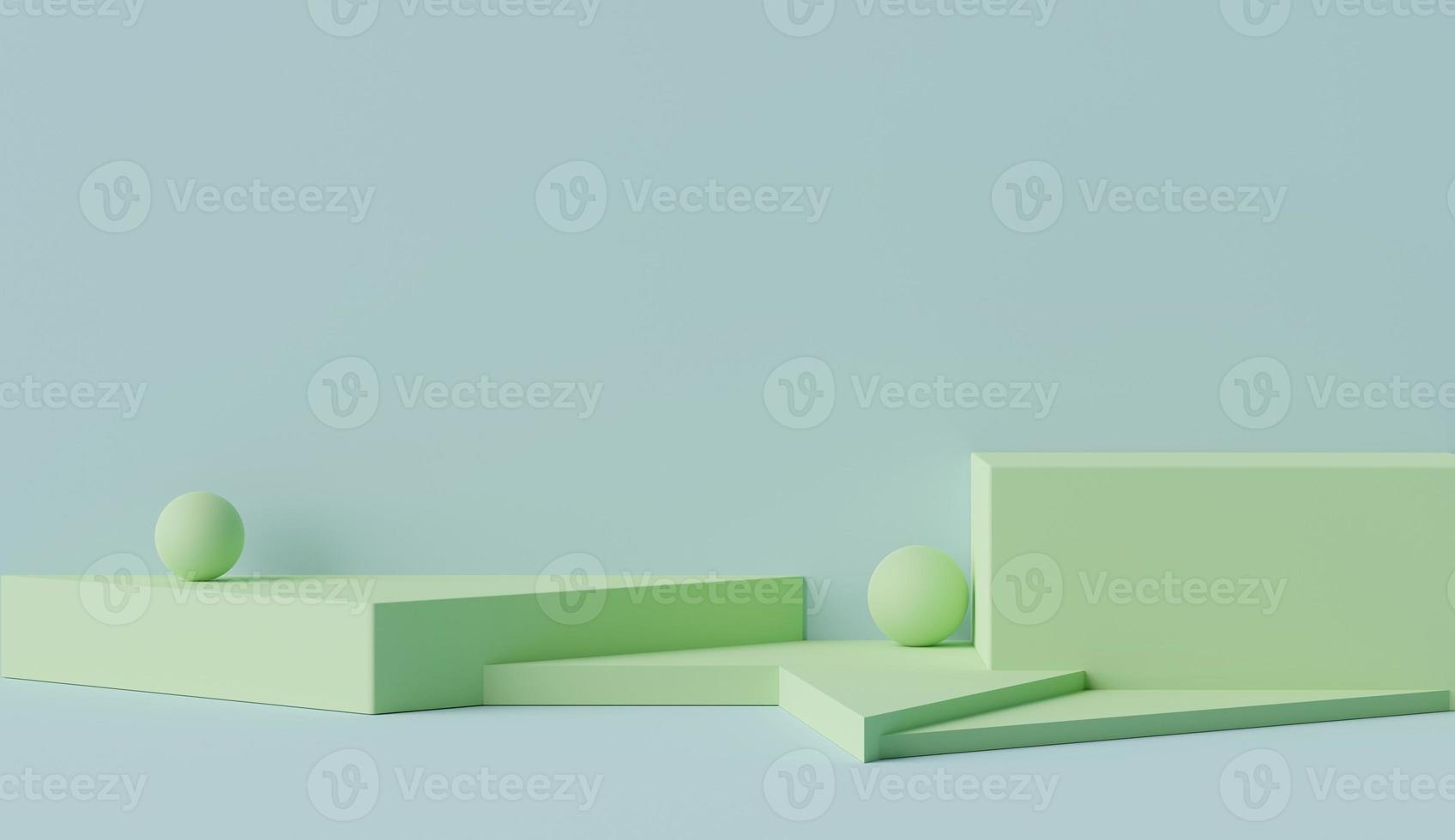 3d geometric forms. Blank podium display in pastel green blue color. Minimalist pedestal or showcase scene for present product and mock up. photo