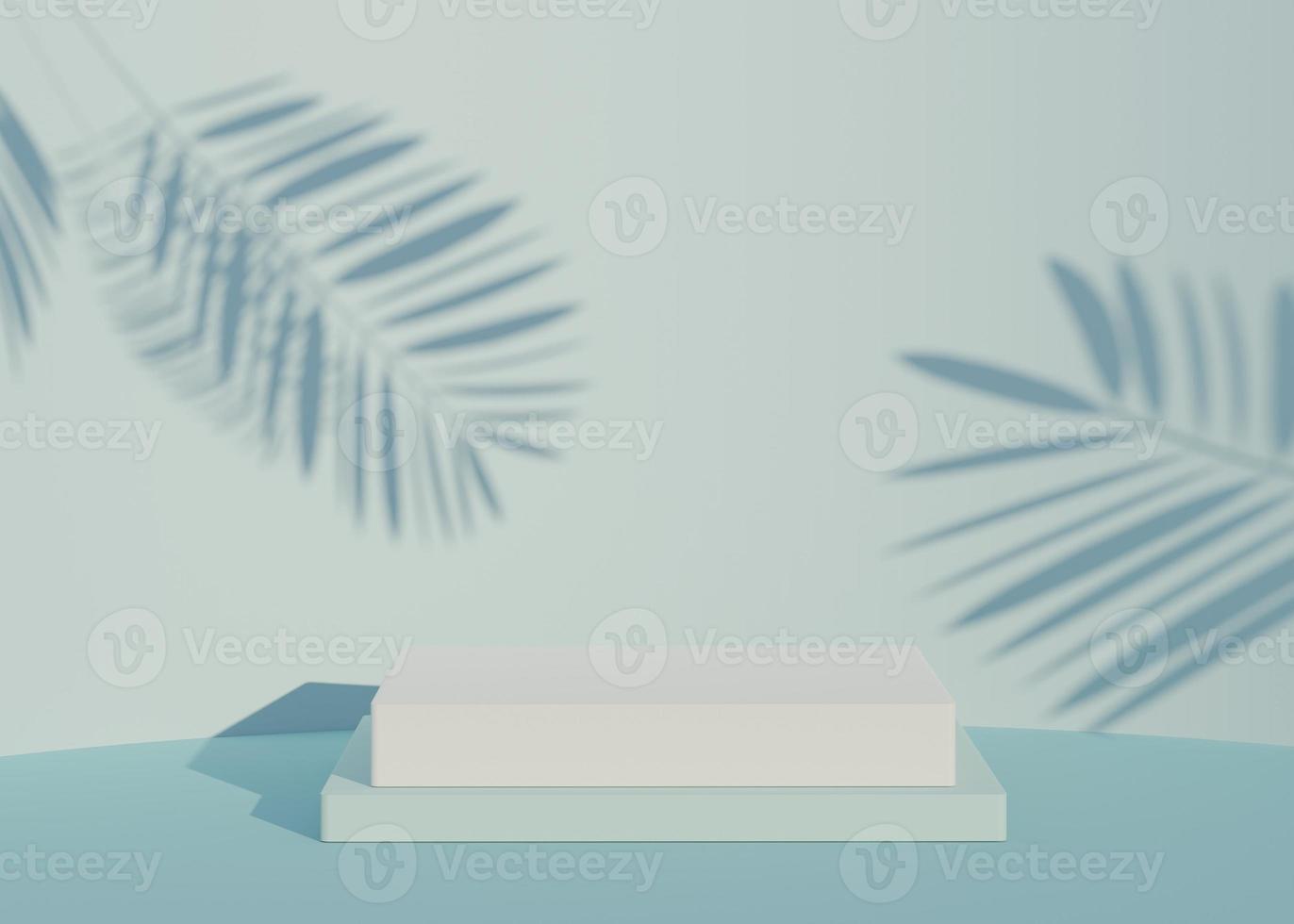 3D Abstract background of empty podium display for products and cosmetic presentation and mock up. Classy modern pedestal or showcase with shadow of palm leaves. Colorful scene. Summer time. photo