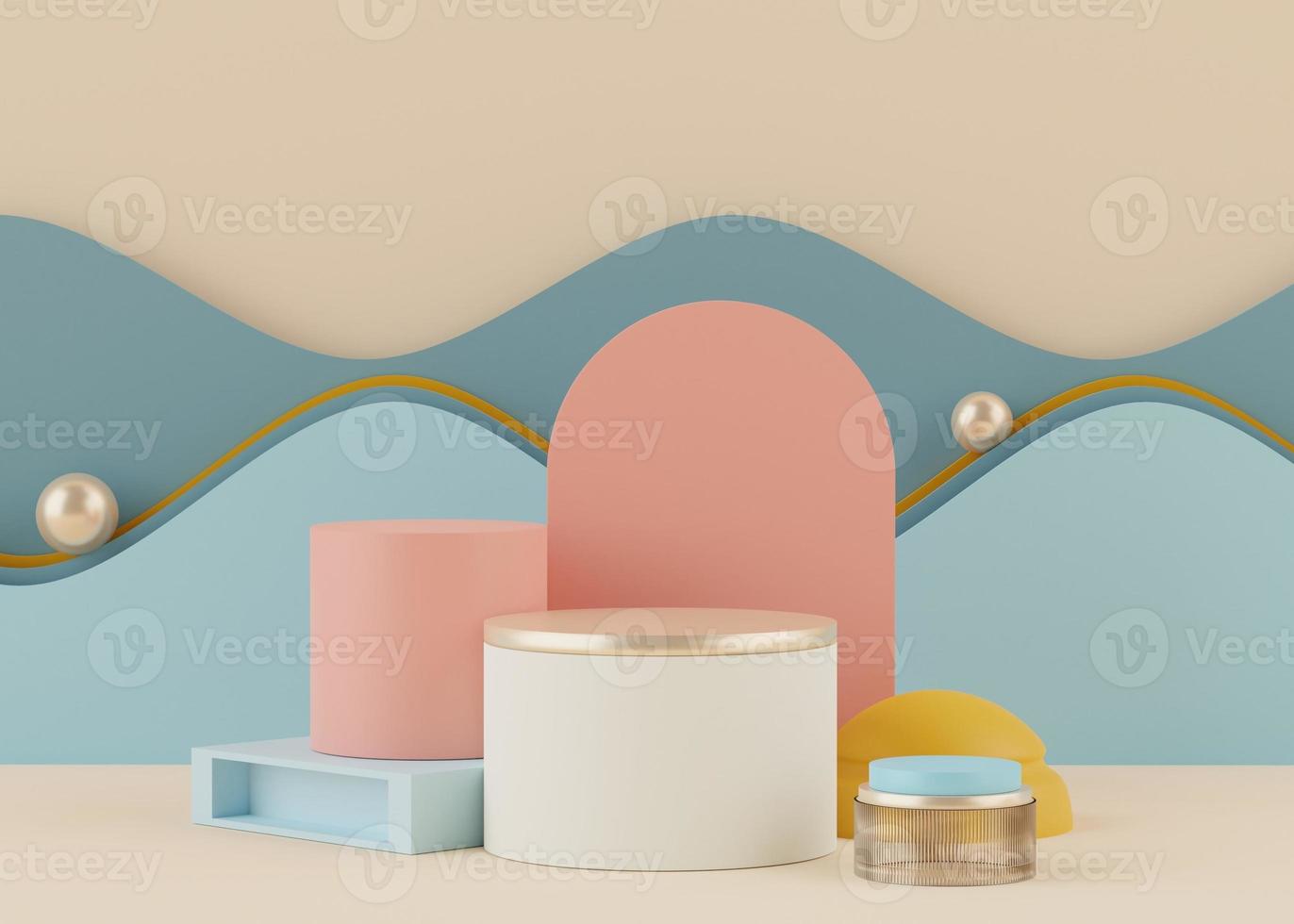 3d geometric shapes. Blank podium display in pastel color. Minimalist pedestal or showcase scene for present product and mock up. Abstract background for cosmetic advertising. photo