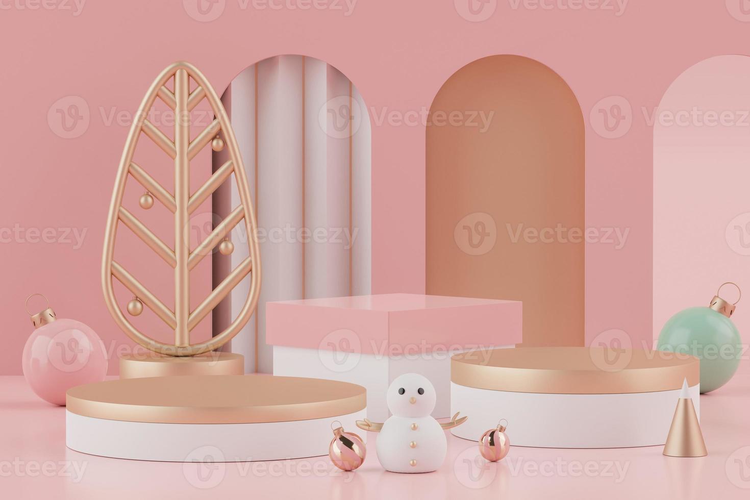 3d rendering scene of Christmas holiday concept decorate with tree and displays podium or pedestal for mock up and products presentation. photo