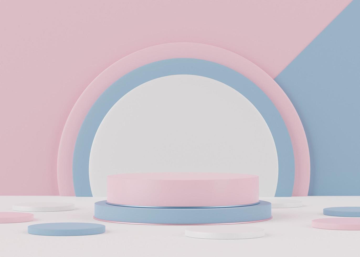 3d Abstract background of empty podium display for products and cosmetic presentation and mock up. Pastel cream colors pedestal or showcase with minimal geometry shapes. Colorful scene. photo