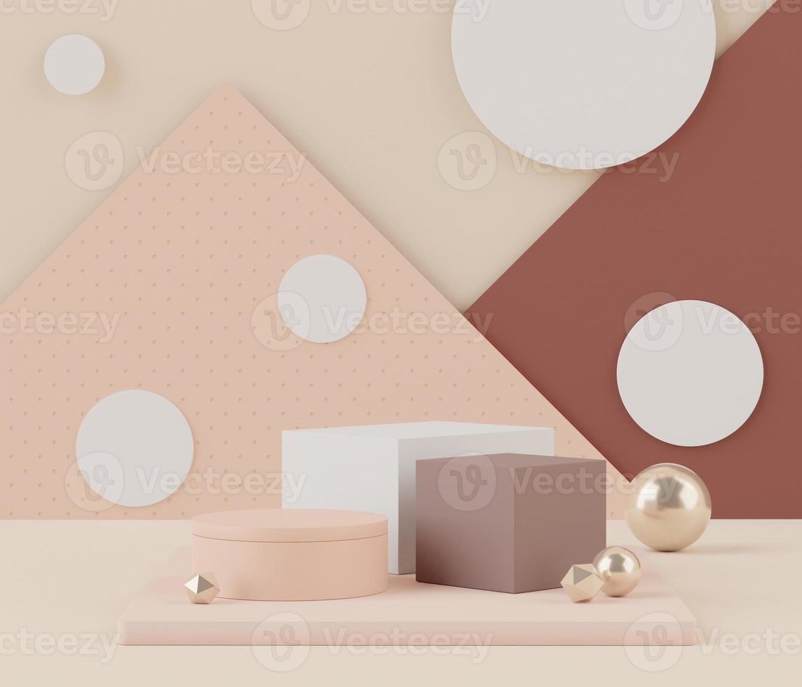 3d Abstract background of empty podium display for products and cosmetic presentation and mock up. Pastel cream colors pedestal or showcase with minimal geometry shapes. Colorful scene. photo
