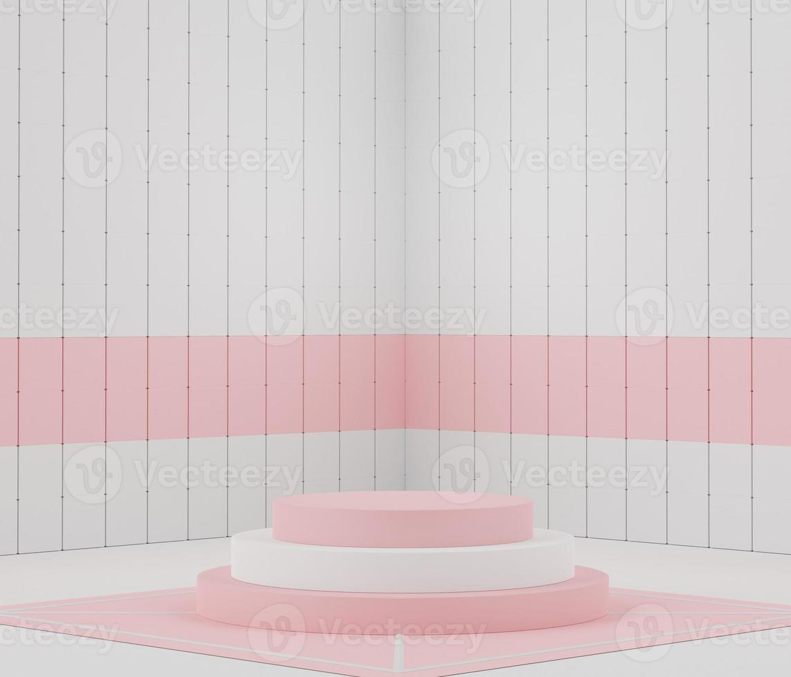 3d rendering of pink coral minimal displays podium or pedestal for mock up and products presentation with abstract simple geometric shapes. photo
