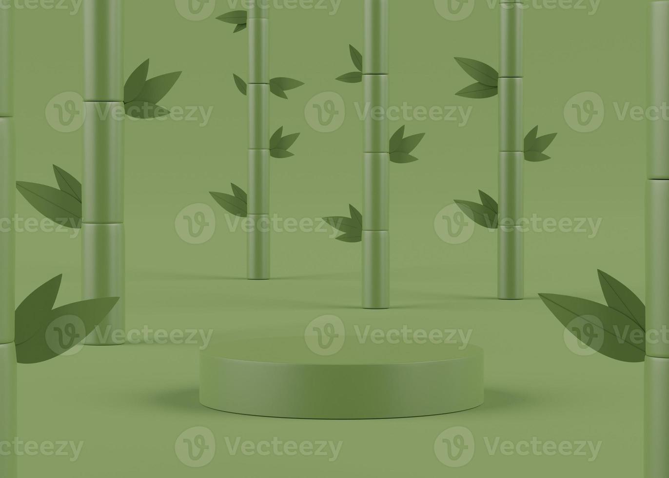 3D Podium stand with Green color bamboo scene. Minimalist geometric vacant platform for mock up and presentation. Abstract background for commercial and cosmetic advertising. photo