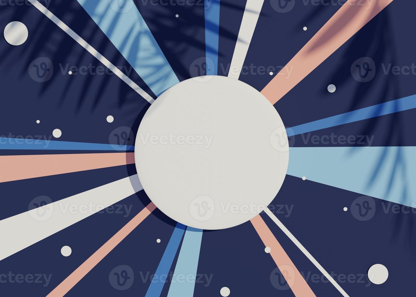 3d render top view of white blank cylinder frame for mock up and display products with shadows of palm leaves and white blue background. photo