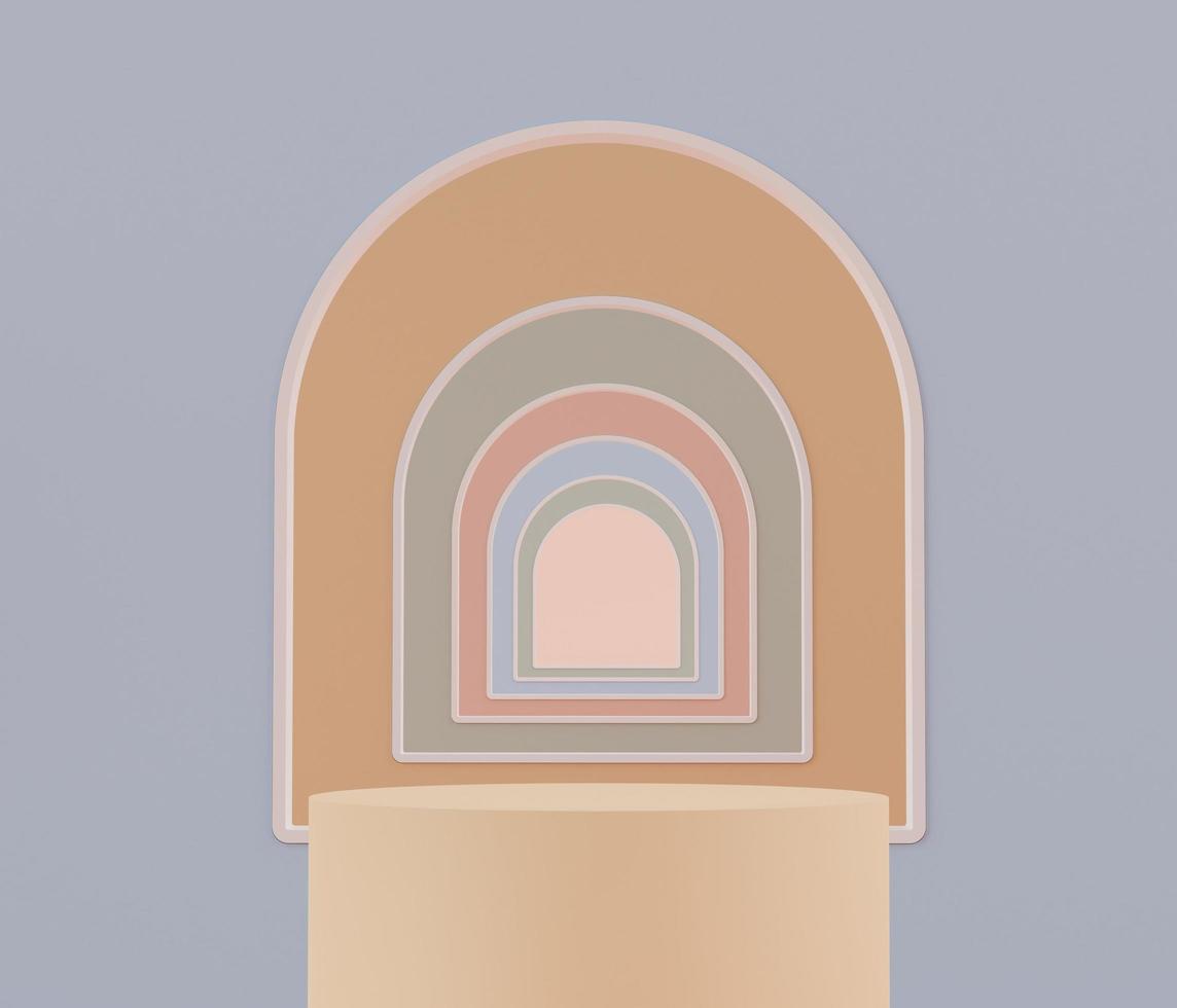 3D Podium stand with pastel color arches scene. Minimalist geometric vacant platform for mock up and presentation. Abstract background for commercial and cosmetic advertising. photo