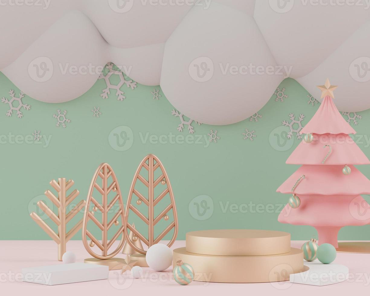 3d rendering scene of Christmas holiday concept decorate with tree and displays podium or pedestal for mock up and products presentation. photo