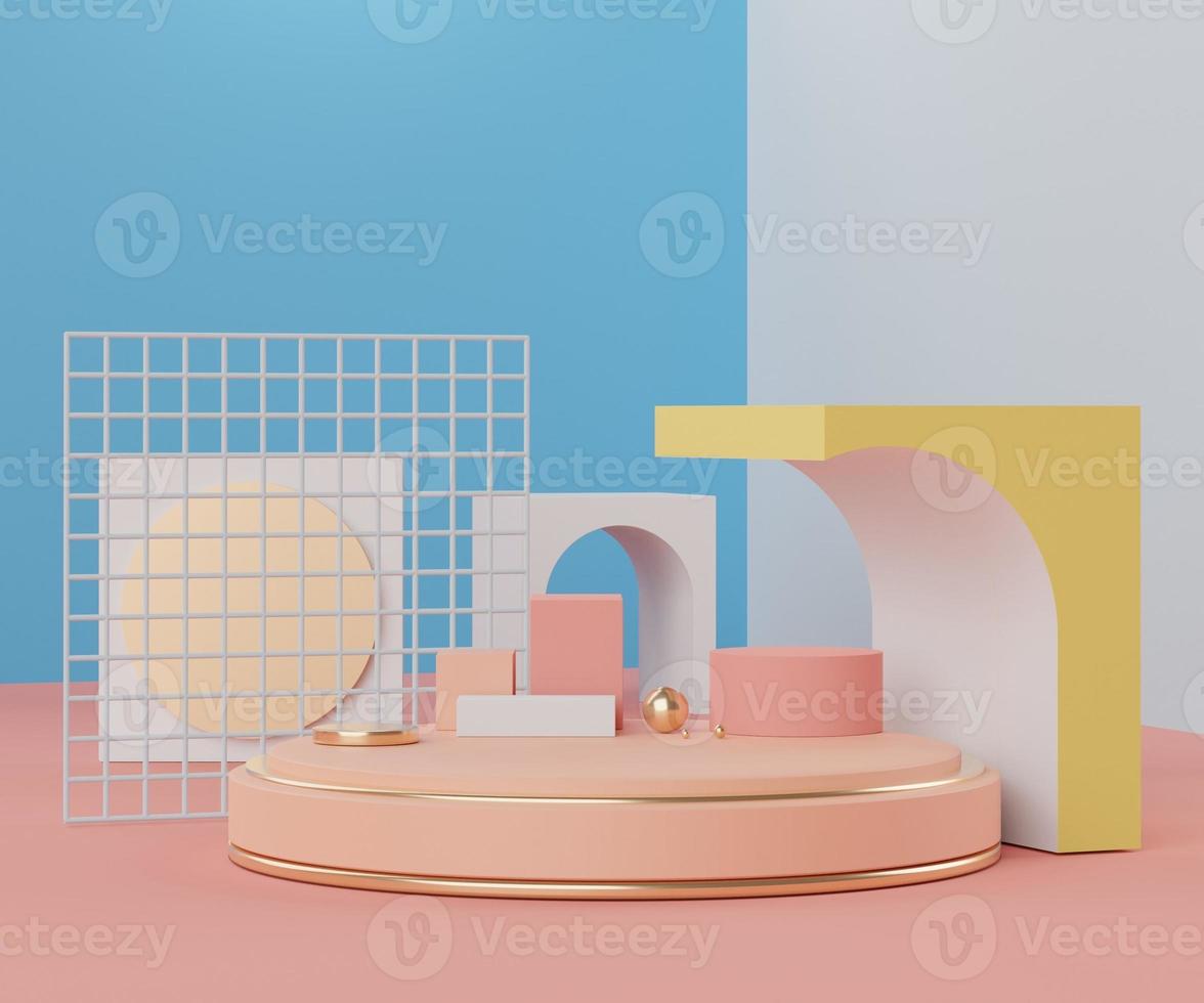 3d abstract render minimal scene of pastel blue yellow and pink color Podium for display products and advertising with clean background photo