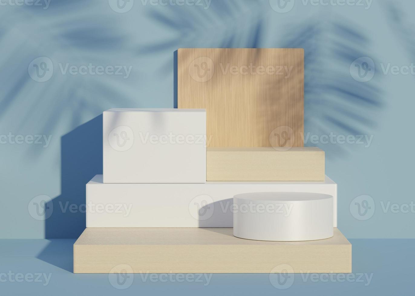 3D Abstract background of empty podium display for products and cosmetic presentation and mock up. Classy modern pedestal or showcase with shadow of palm leaves. Colorful scene. Summer time. photo