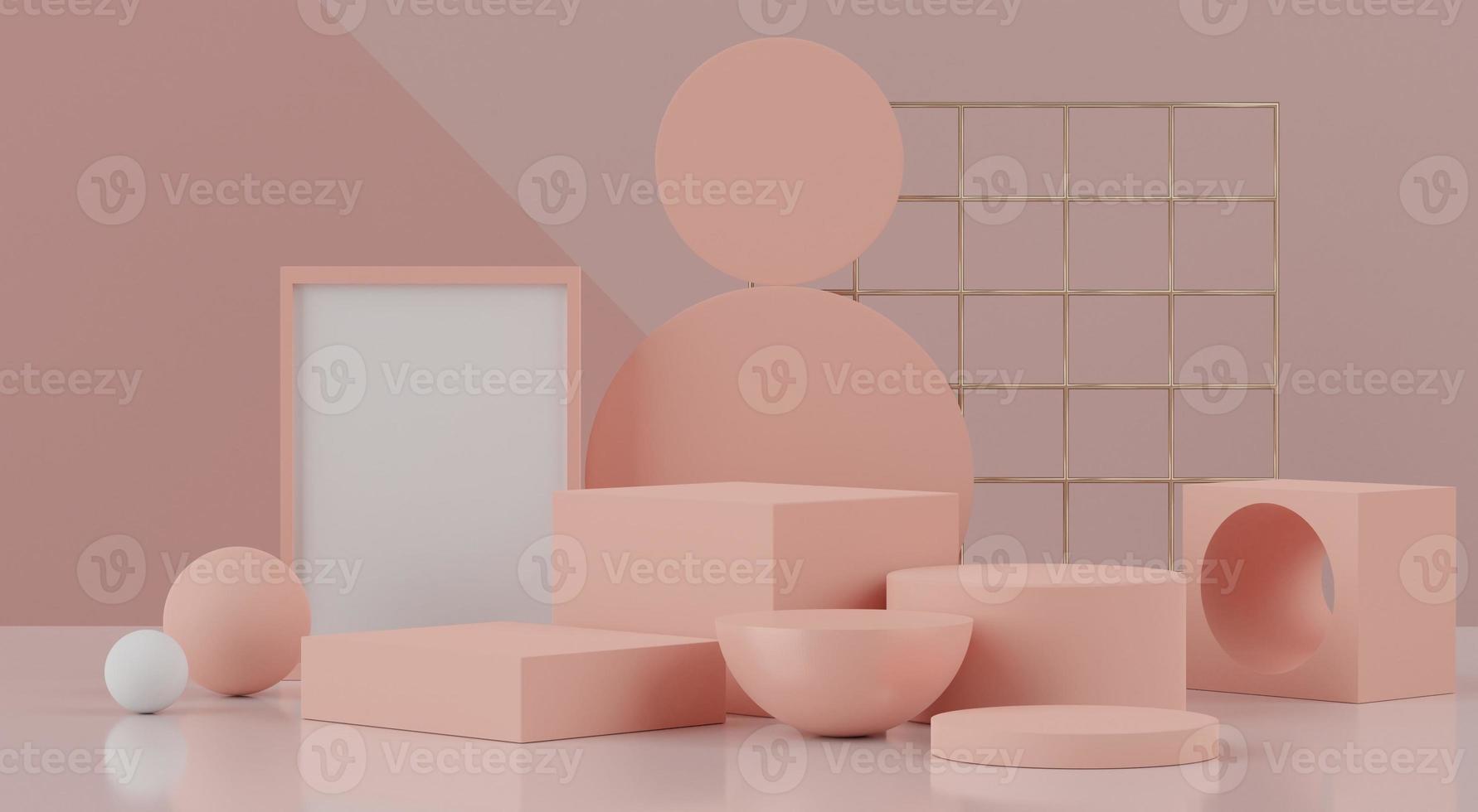 3d rendering of pink coral minimal displays podium or pedestal for mock up and products presentation with abstract simple geometric shapes. photo