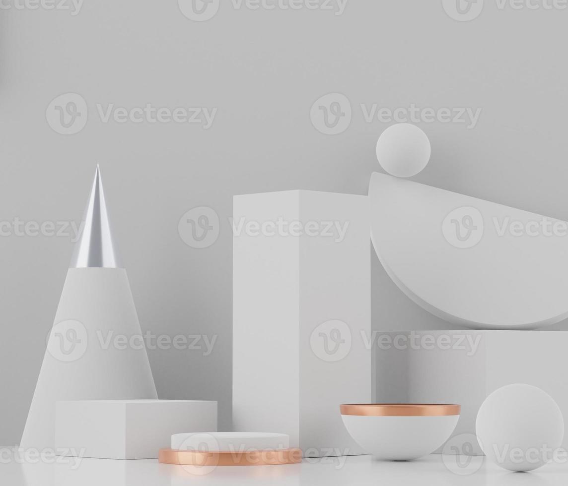 3d rendering geometric forms. Blank podium display in white marble color. Minimalist pedestal or showcase scene for present product and mock up. photo